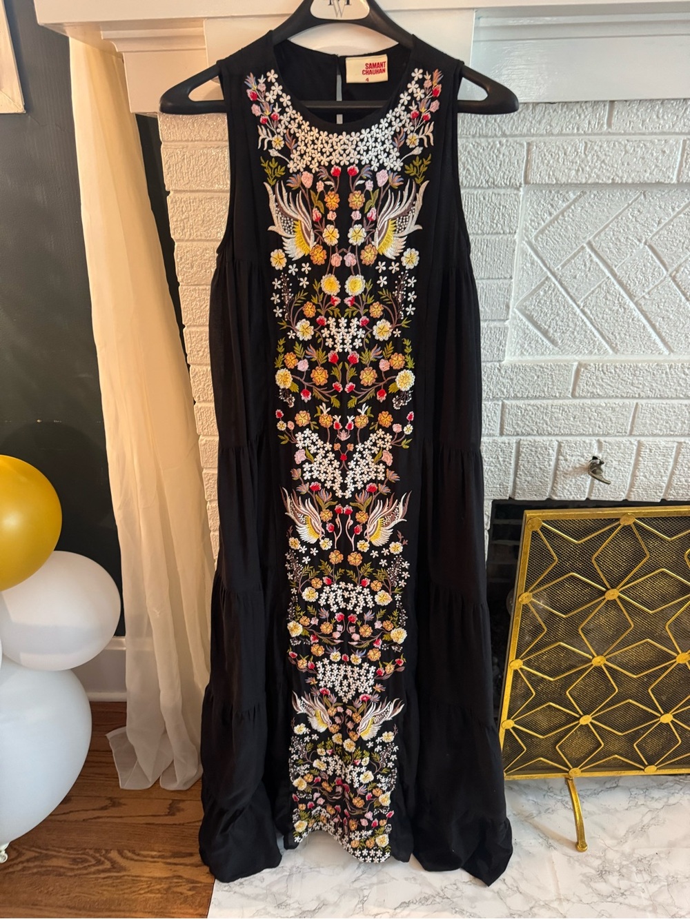 Anthropologie Samant Chauhan Jacaranda Tiered Maxi Dress Floral Embroidery